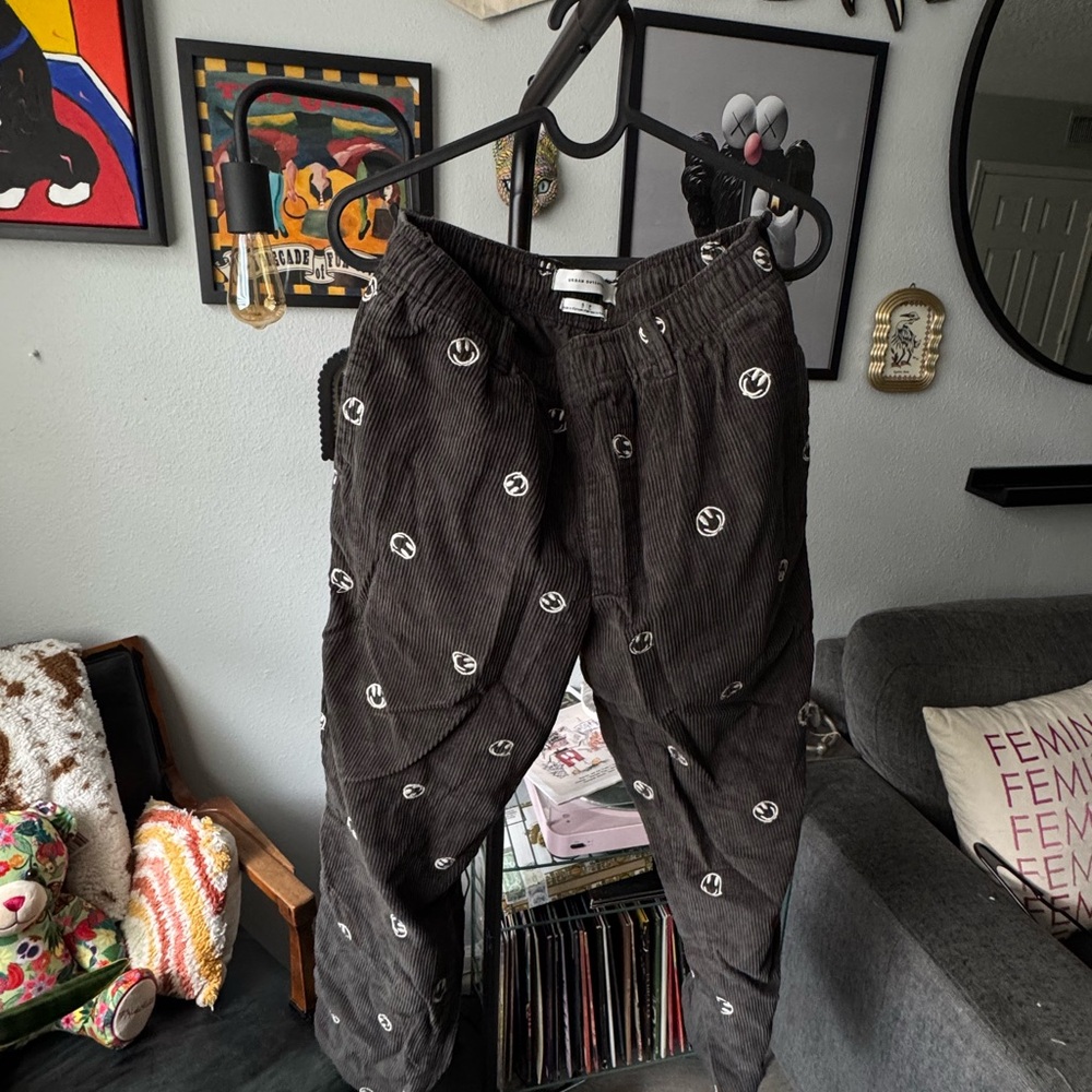Black Corduroy Pants with White Smiley Pattern